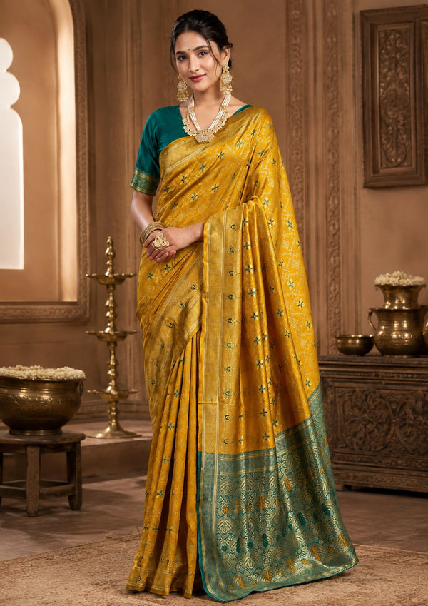 Mustard Gold Banarasi Saree with Teal Woven Pallu & Traditional Floral Motifs
