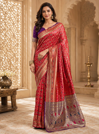 Elegant Red Banarasi Saree with Purple Border, Traditional Motifs & Rich Woven Pallu