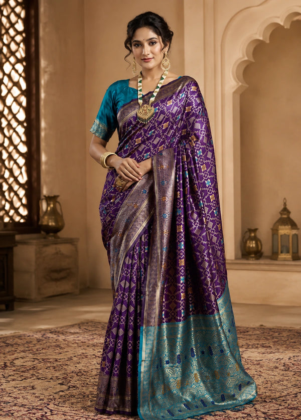 Royal Purple Banarasi Saree with Turquoise Blue Pallu & Traditional Woven Motifs