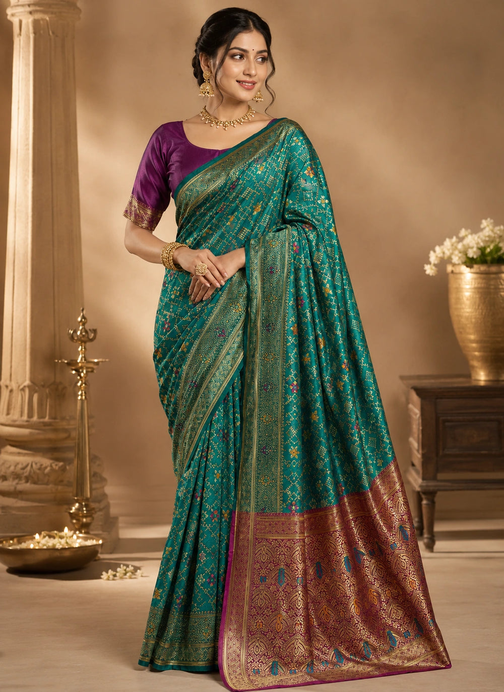 Elegant Teal Green Banarasi Saree with Maroon Gold Woven Pallu & Traditional Motifs