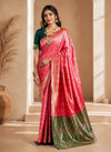 Elegant Pink Banarasi Saree with Green Gold Pallu & Traditional Woven Motifs
