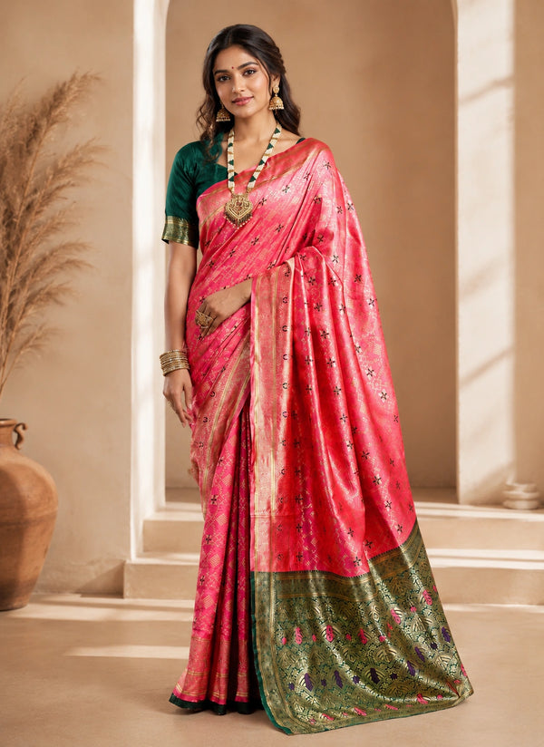 Elegant Pink Banarasi Saree with Green Gold Pallu & Traditional Woven Motifs