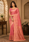 Elegant Peach Pink Woven Silk Saree with Golden Floral Motifs & Designer Zari Pallu