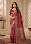 Elegant Wine Maroon Woven Saree with Golden Floral Motifs, Rich Zari Border & Designer Pallu