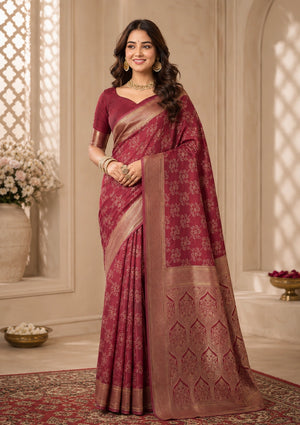 Elegant Wine Maroon Woven Saree with Golden Floral Motifs, Rich Zari Border & Designer Pallu