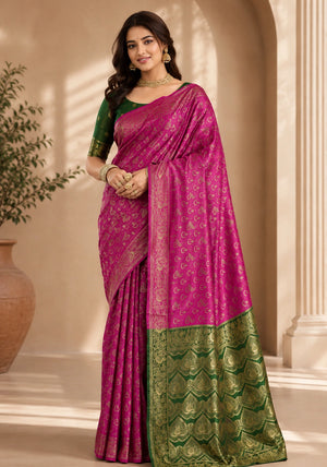 Royal Magenta Pink & Green Woven Saree with Golden Paisley Motifs & Designer Zari Pallu