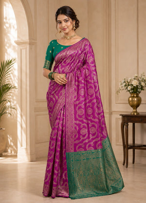 Elegant Magenta Purple & Green Woven Saree with Golden Paisley Motifs & Designer Pallu