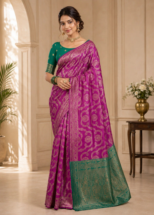 Elegant Magenta Purple & Green Woven Saree with Golden Paisley Motifs & Designer Pallu - Keshvika