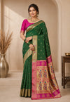 Elegant Bottle Green & Pink Woven Saree with Golden Motifs, Zari Border & Designer Peacock Pallu