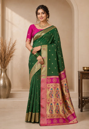 Elegant Bottle Green & Pink Woven Saree with Golden Motifs, Zari Border & Designer Peacock Pallu