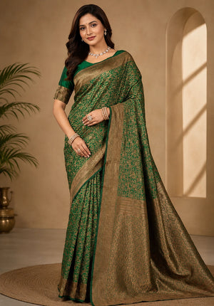 Elegant Emerald Green Woven Saree with Intricate Golden Floral Motifs & Rich Zari Pallu
