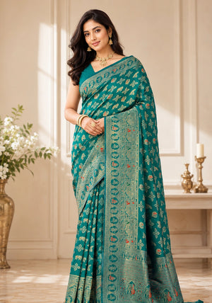 Elegant Teal Blue Woven Saree with Multicolor Traditional Motifs & Designer Zari Pallu
