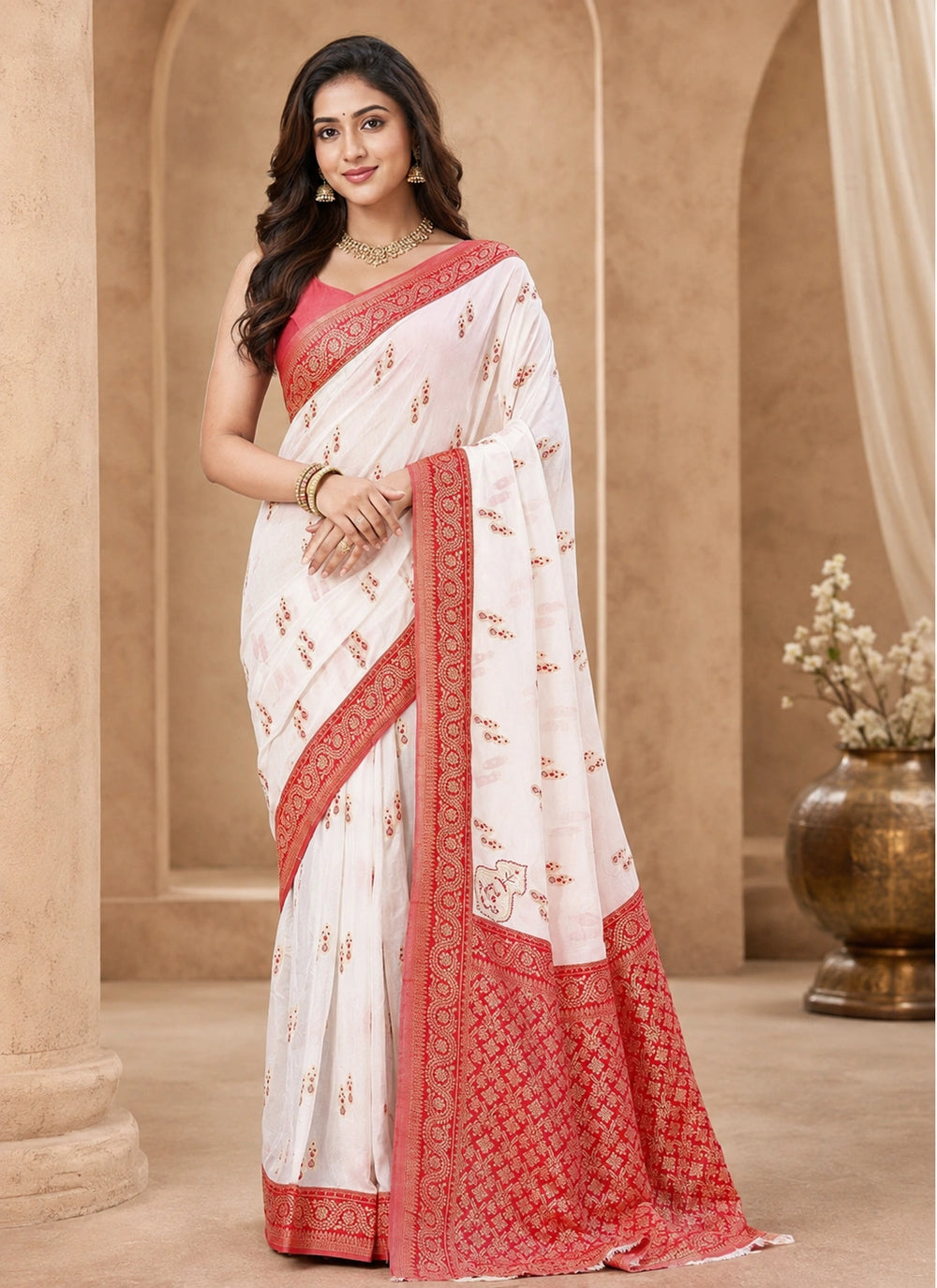 Elegant White & Red Traditional Woven Saree with Intricate Red Border & Designer Pallu