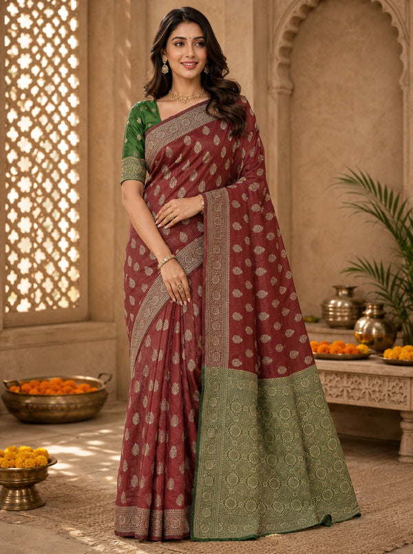 Elegant Maroon & Green Zari Woven Traditional Saree