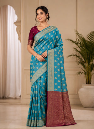 Teal Blue & Magenta Zari Woven Silk Saree