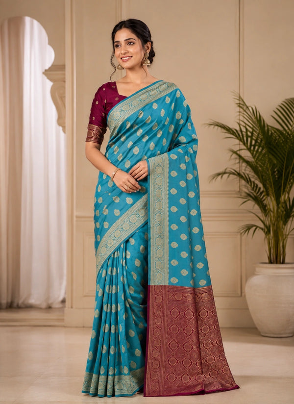 Teal Blue & Magenta Zari Woven Silk Saree