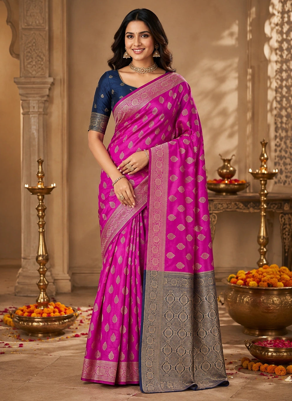 Rani Pink & Navy Blue Zari Woven Silk Saree