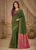 Bottle Green & Rani Pink Zari Woven Silk Saree