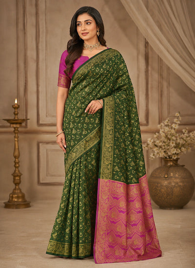 Bottle Green & Rani Pink Zari Woven Silk Saree