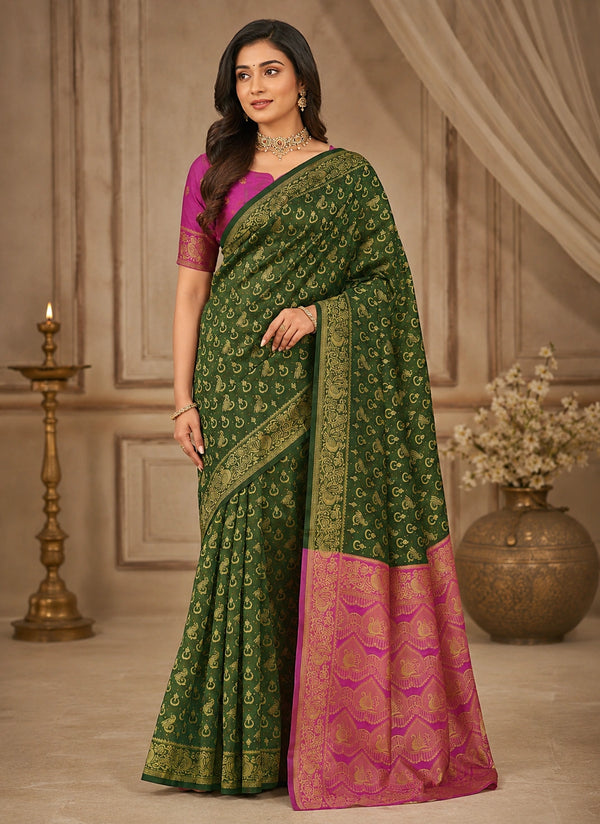 Bottle Green & Rani Pink Zari Woven Silk Saree