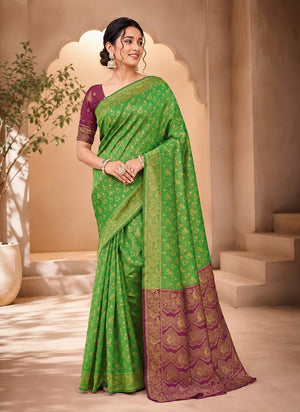 Green & Purple Traditional Woven Silk Saree