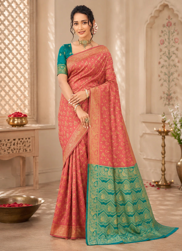 Coral Pink & Teal Green Zari Woven Silk Saree