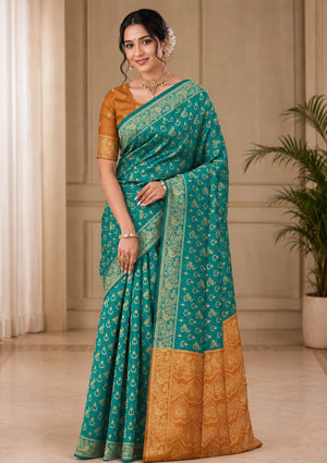Teal Blue & Mustard Gold Woven Silk Saree