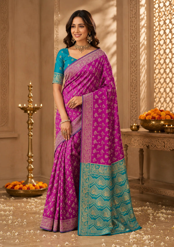 Magenta Pink & Teal Blue Woven Silk Saree