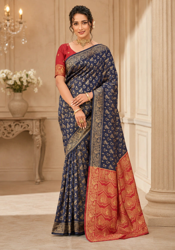 Navy Blue & Red Zari Woven Silk Saree