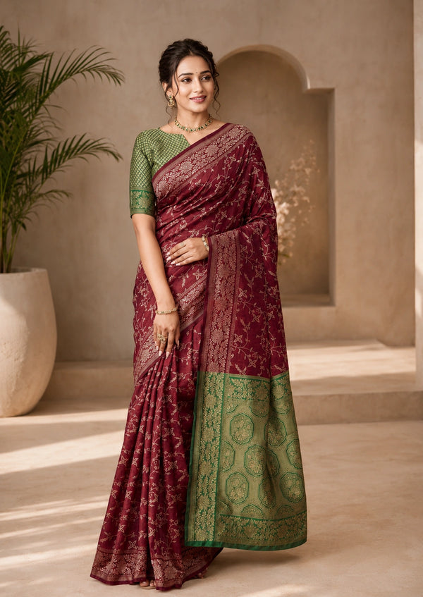 Maroon & Olive Green Woven Silk Saree