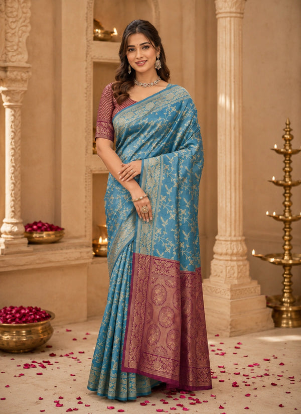 Sky Blue & Wine Zari Woven Silk Saree