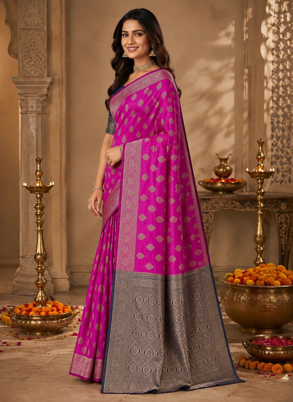 Rani Pink & Navy Blue Zari Woven Silk Saree