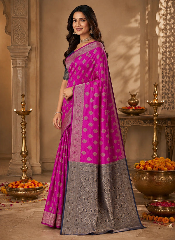 Rani Pink & Navy Blue Zari Woven Silk Saree