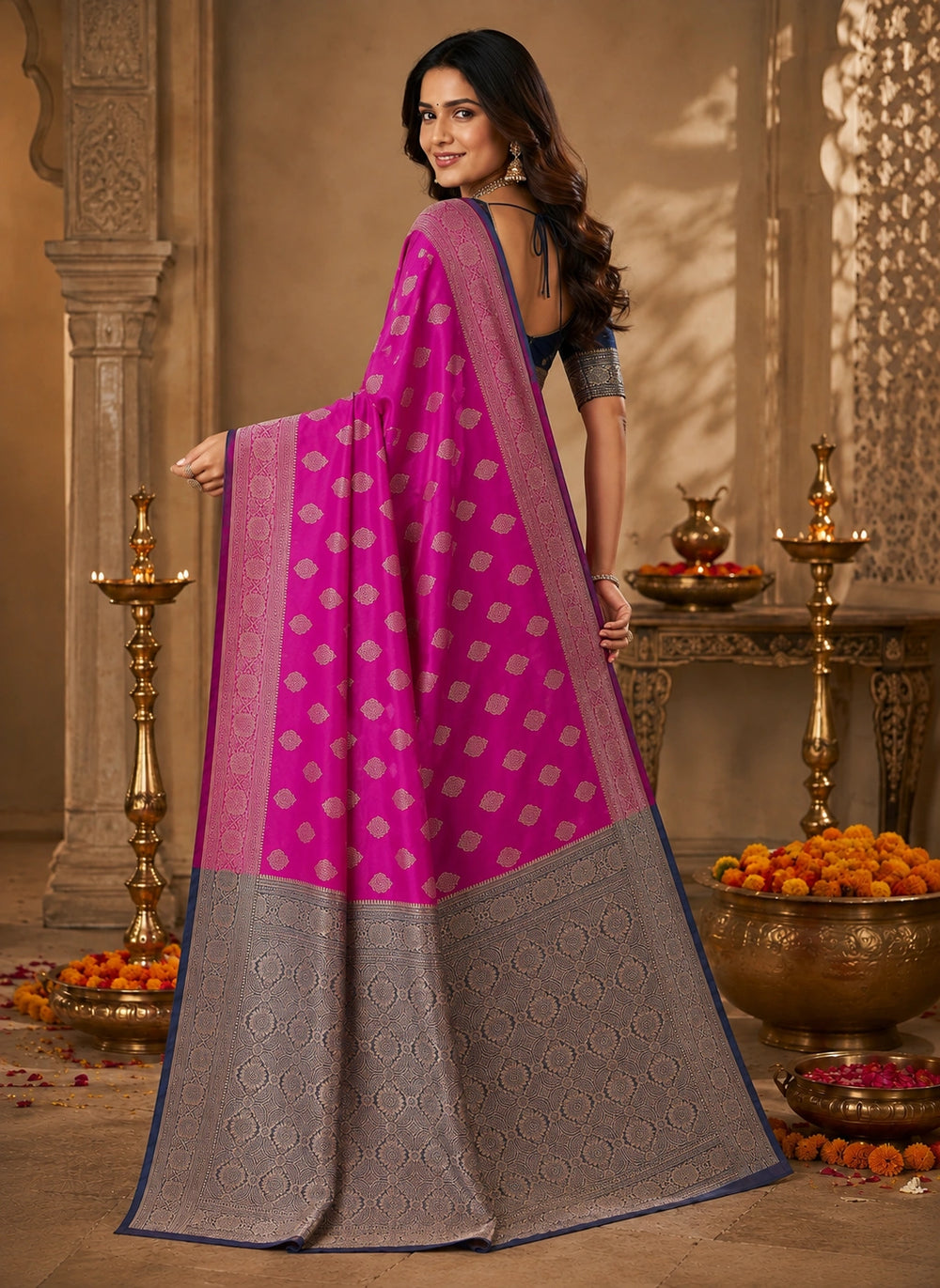 Rani Pink & Navy Blue Zari Woven Silk Saree