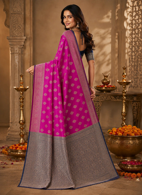 Rani Pink & Navy Blue Zari Woven Silk Saree