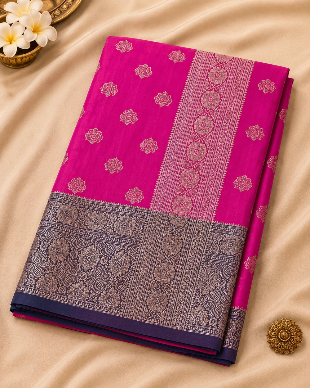 Rani Pink & Navy Blue Zari Woven Silk Saree