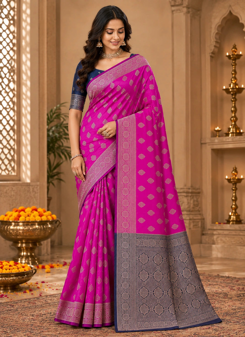 Rani Pink & Navy Blue Zari Woven Silk Saree