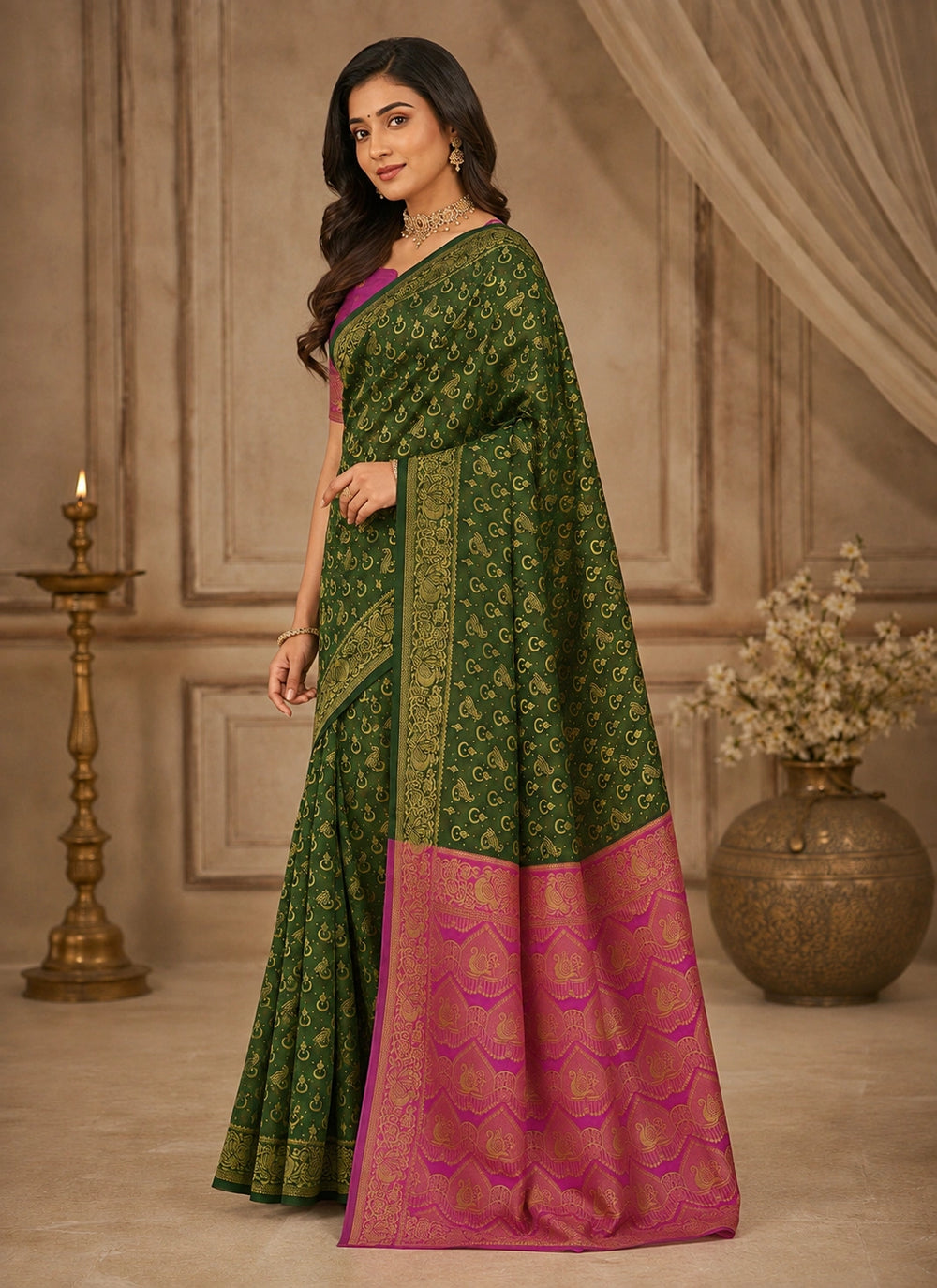 Bottle Green & Rani Pink Zari Woven Silk Saree