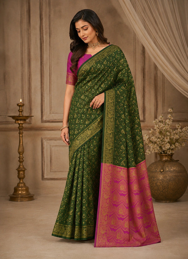 Bottle Green & Rani Pink Zari Woven Silk Saree