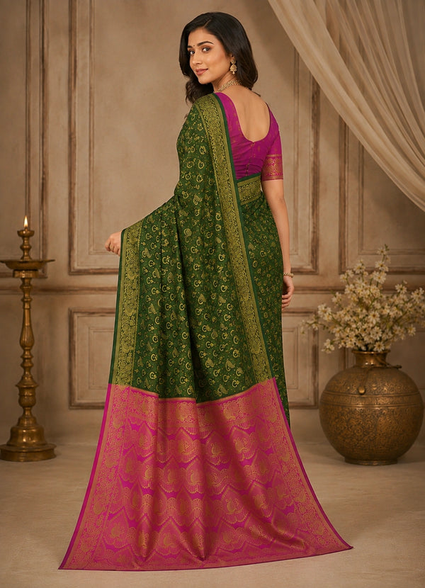 Bottle Green & Rani Pink Zari Woven Silk Saree