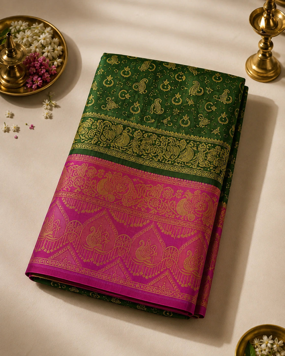 Bottle Green & Rani Pink Zari Woven Silk Saree