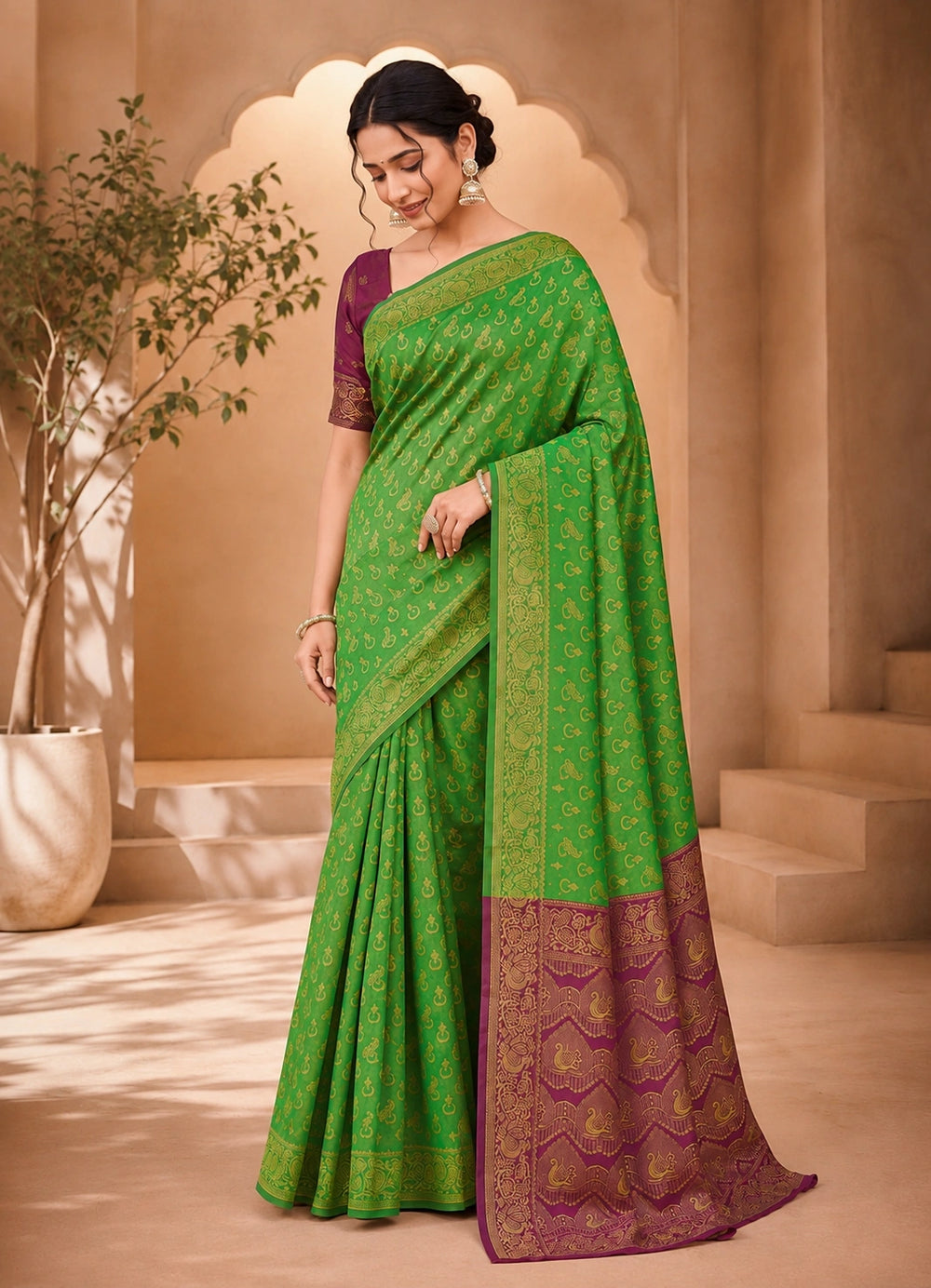 Green & Purple Traditional Woven Silk Saree