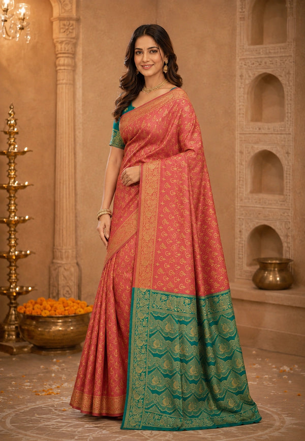 Coral Pink & Teal Green Zari Woven Silk Saree