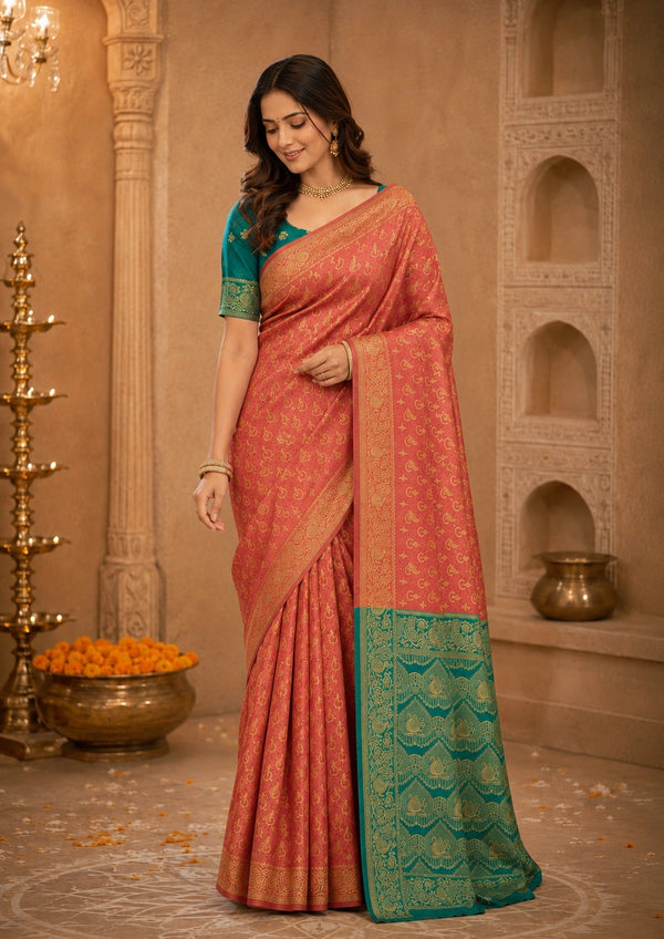 Coral Pink & Teal Green Zari Woven Silk Saree