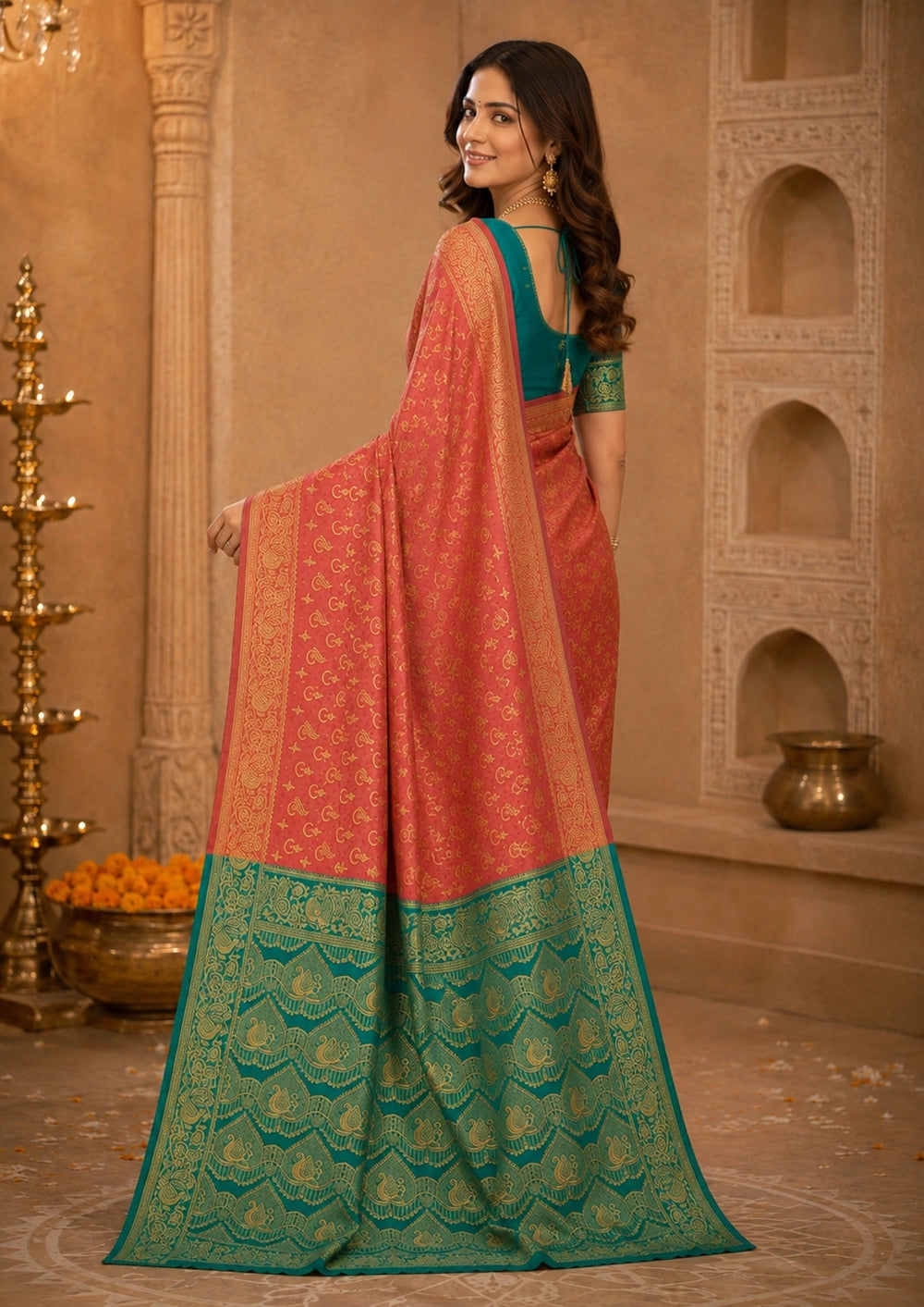 Coral Pink & Teal Green Zari Woven Silk Saree