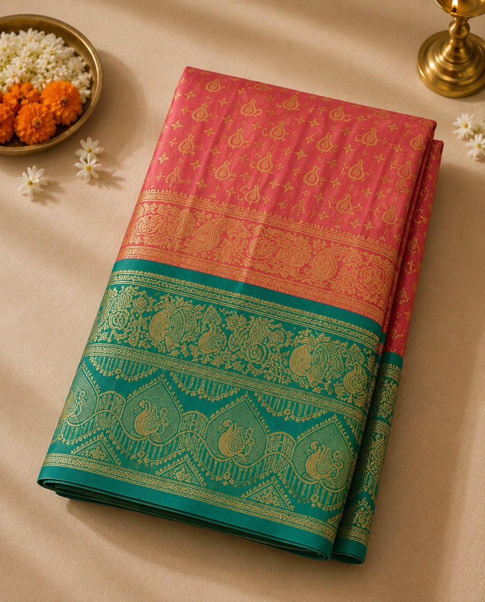 Coral Pink & Teal Green Zari Woven Silk Saree