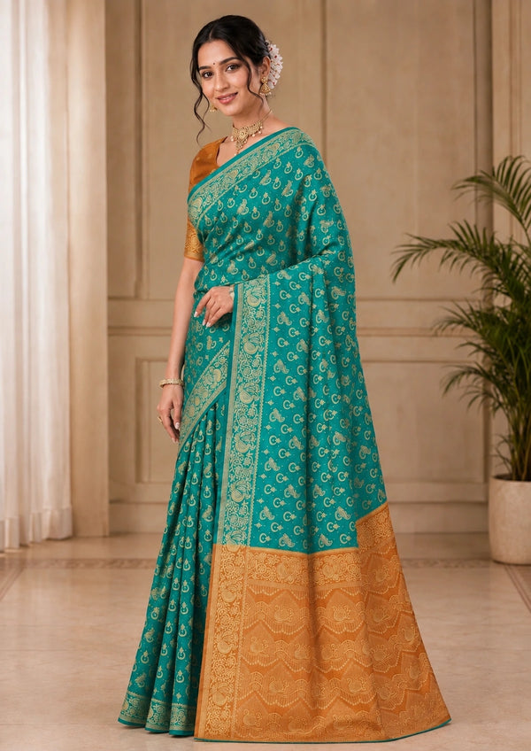 Teal Blue & Mustard Gold Woven Silk Saree
