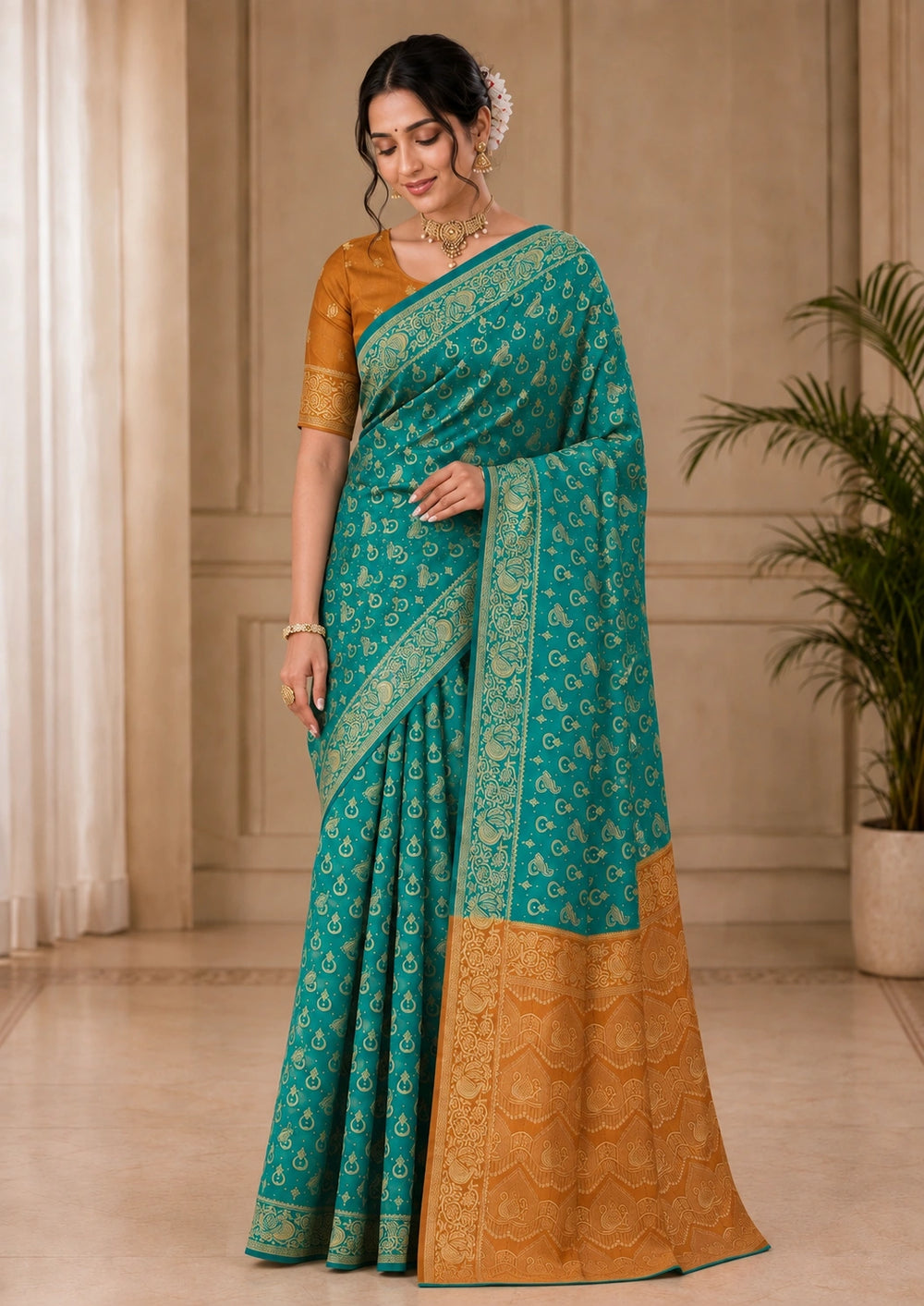 Teal Blue & Mustard Gold Woven Silk Saree