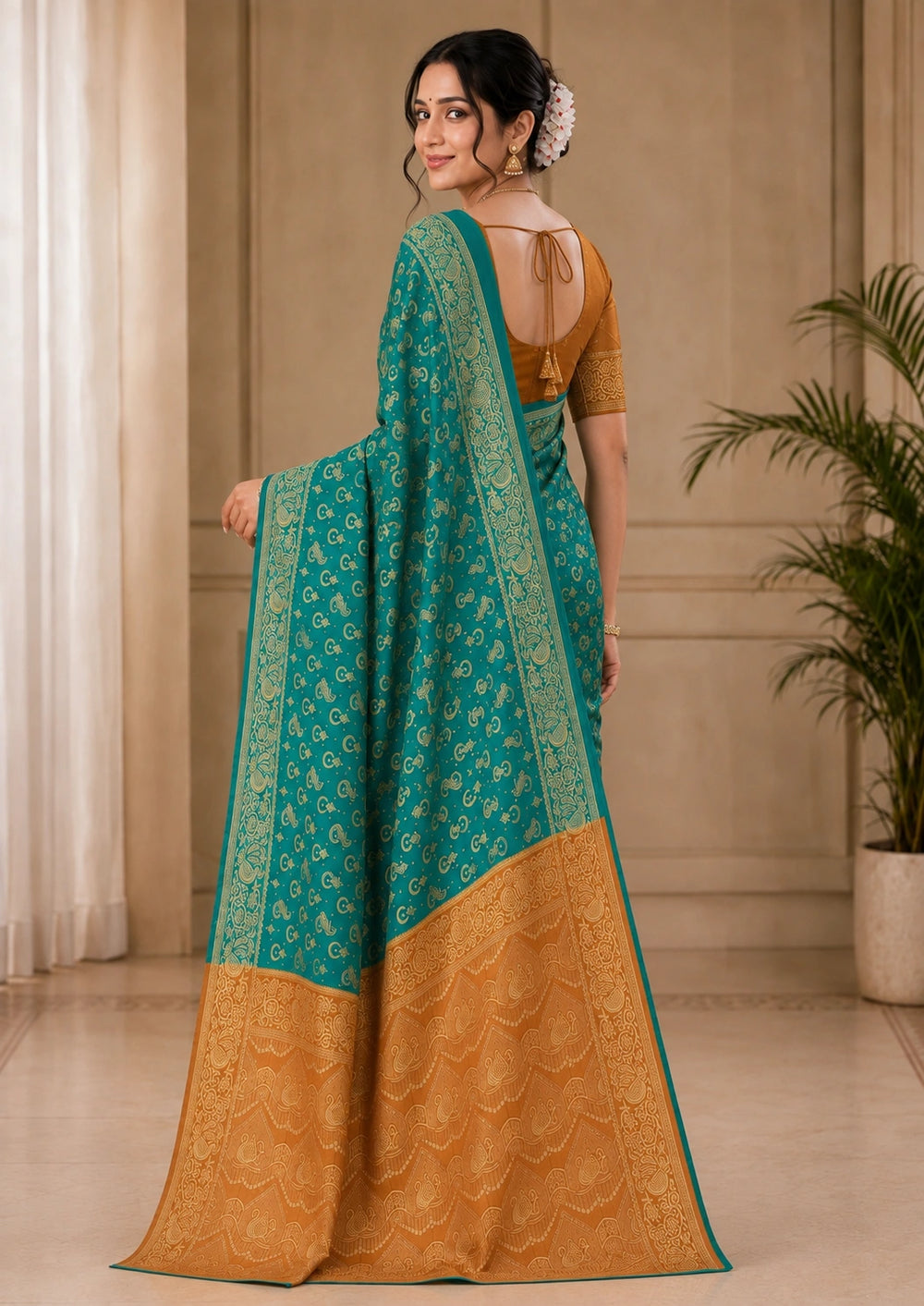 Teal Blue & Mustard Gold Woven Silk Saree