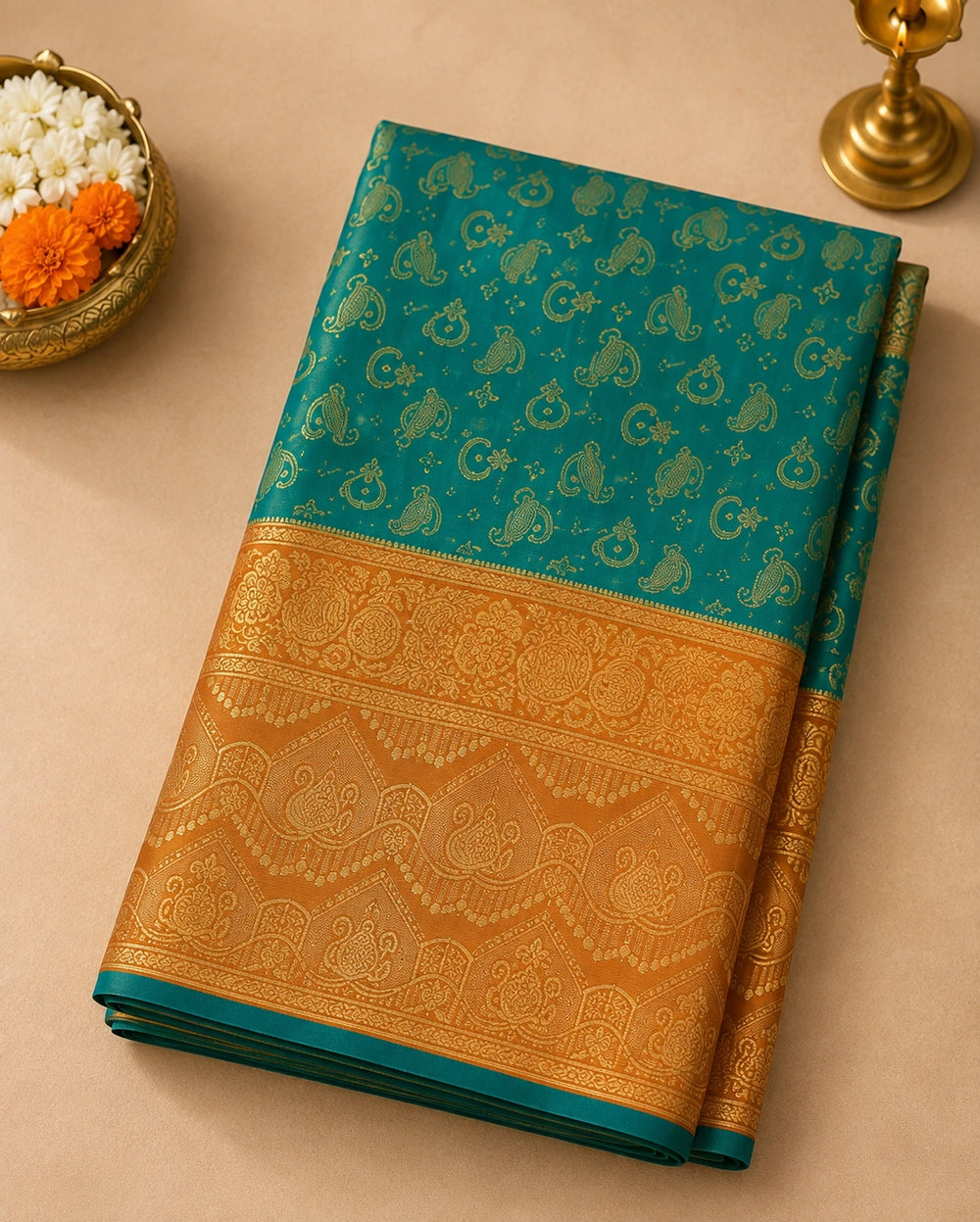 Teal Blue & Mustard Gold Woven Silk Saree